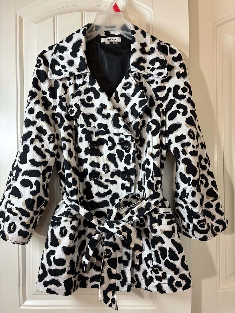 Appraisal Black & White Leopard Print Double-Breasted Trench Jacket, Size Med